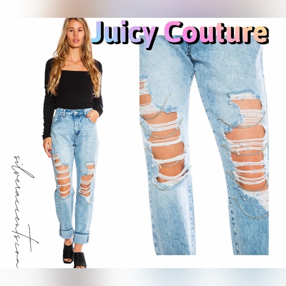 Juicy Couture Rhinestone Bling Distressed Light Denim Boyfriend Jeans- Y2K!!